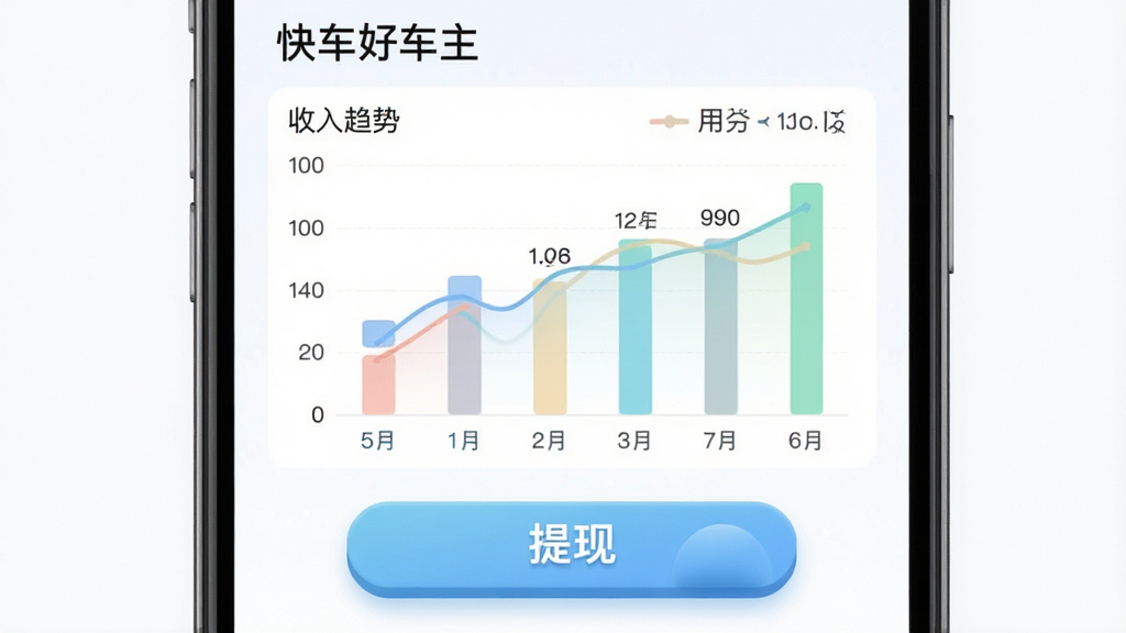 画面展示“快车好车主”收益统计页面,柱状图与折线图组合呈现收入趋势,下方有提现按钮,布局为手机屏幕特写居中,风格为清新数据可视化,细节包括图表颜色柔和、数字清晰、按钮立体感,画质高清,干净,无多余元素