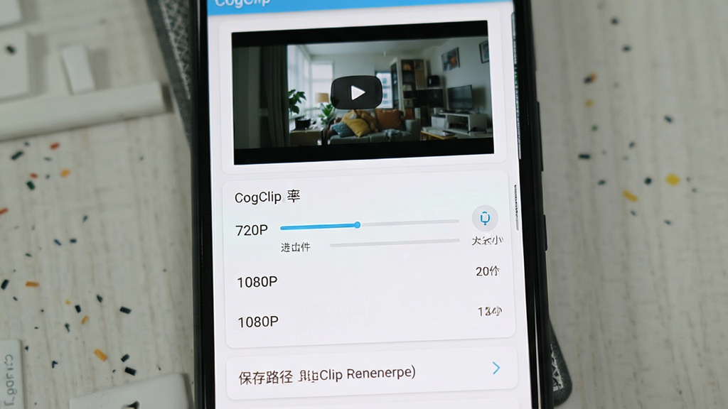 一部安卓手机展示 CogClip 的导出设置界面,主体为分辨率选择列表和导出按钮,布局为上下结构,上方为视频预览缩略图,下方为 720P、1080P 等选项。风格为清爽浅色卡片设计,细节包括进度条、文件大小提示和保存路径。画质清晰,画面干净,无多余元素,屏幕中显示文字“CogClip”和“导出视频”。