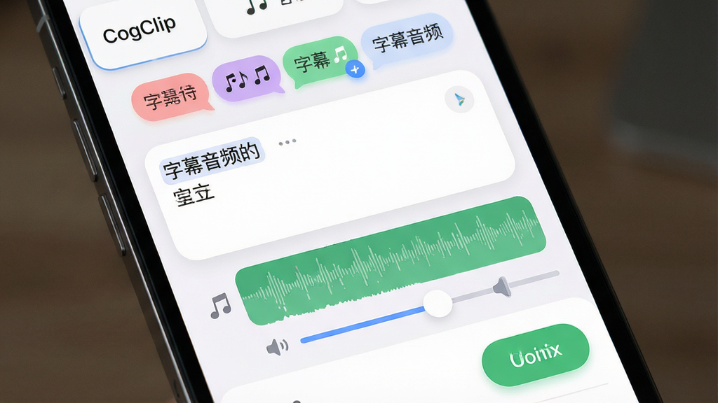 一部手机屏幕展示 CogClip 的字幕与音频编辑界面,主体为文字输入框和音频波形轨道,布局上下排列,上方为字幕样式选项,下方为音轨调节滑块。风格为柔和圆角卡片式设计,细节包括彩色字幕气泡、音乐符号、音量条和确认按钮。画质高清,画面干净,无多余元素,屏幕中显示文字“CogClip”和“字幕音频”。