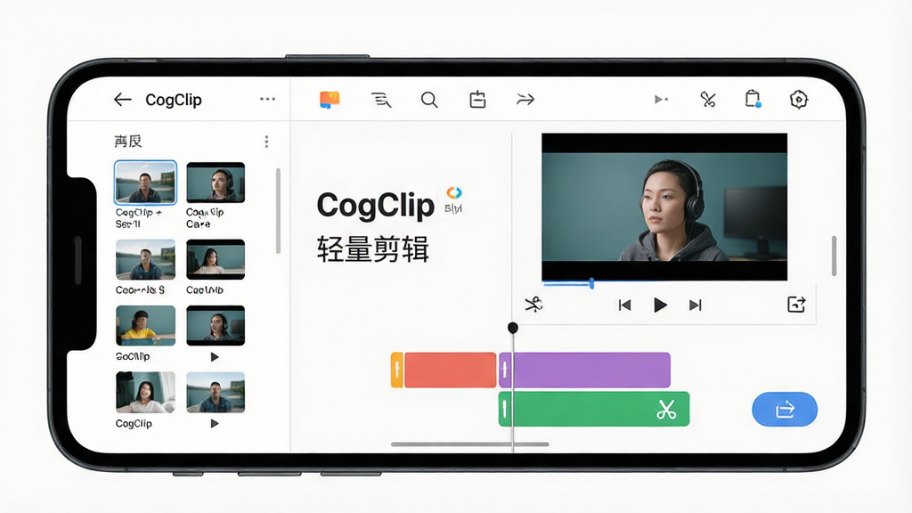 一部安卓手机横屏展示 CogClip 的剪辑界面,主体为手机屏幕中的时间线轨道和视频预览窗口,布局左右分栏,左侧为素材库,右侧为预览区。风格为清新简约的扁平化 UI 设计,细节包括彩色轨道块、播放指针、剪刀图标和导出按钮。画质清晰,画面干净,无多余元素,屏幕中显示文字“CogClip”和“轻量剪辑”。