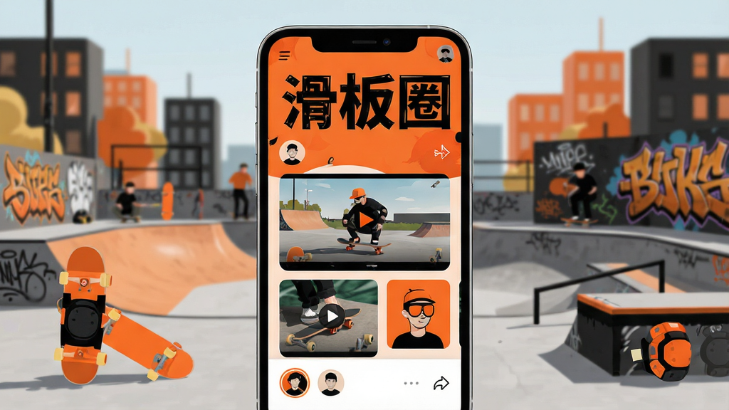 主体:一部智能手机屏幕显示滑板圈App社区界面,界面中有滑板视频缩略图和用户头像;布局:手机居中放置,背景为城市滑板公园场景;排版:顶部显示