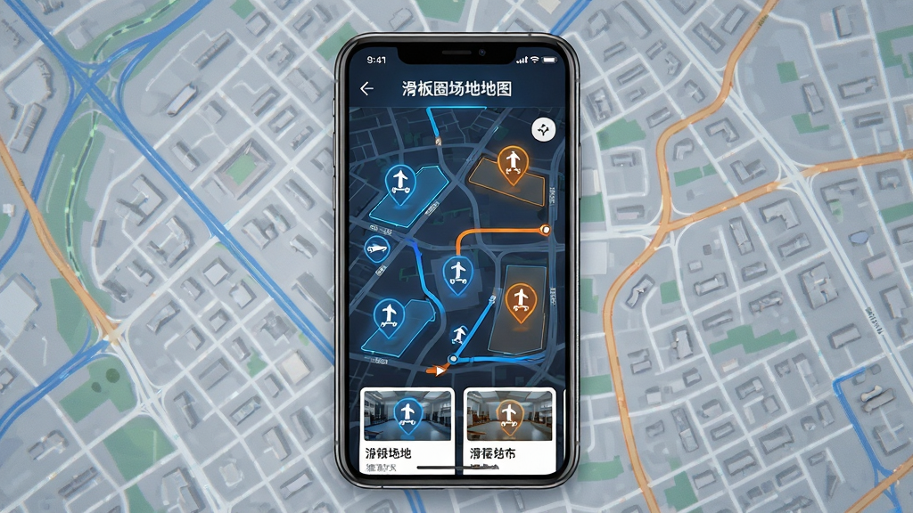 主体:手机屏幕显示滑板圈App场地地图界面,地图上有多个滑板场地标记;布局:手机竖屏居中,背景为俯视城市地图;排版:顶部显示