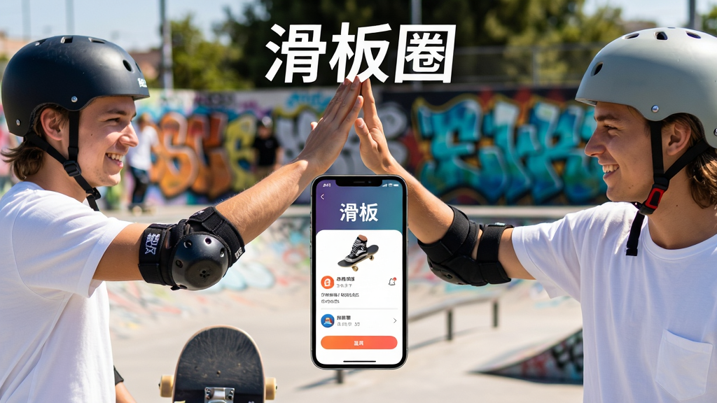 主体:两个滑板爱好者在滑板公园击掌互动,手机屏幕显示滑板圈App约板界面;布局:人物在画面两侧,手机在中间;排版:顶部有