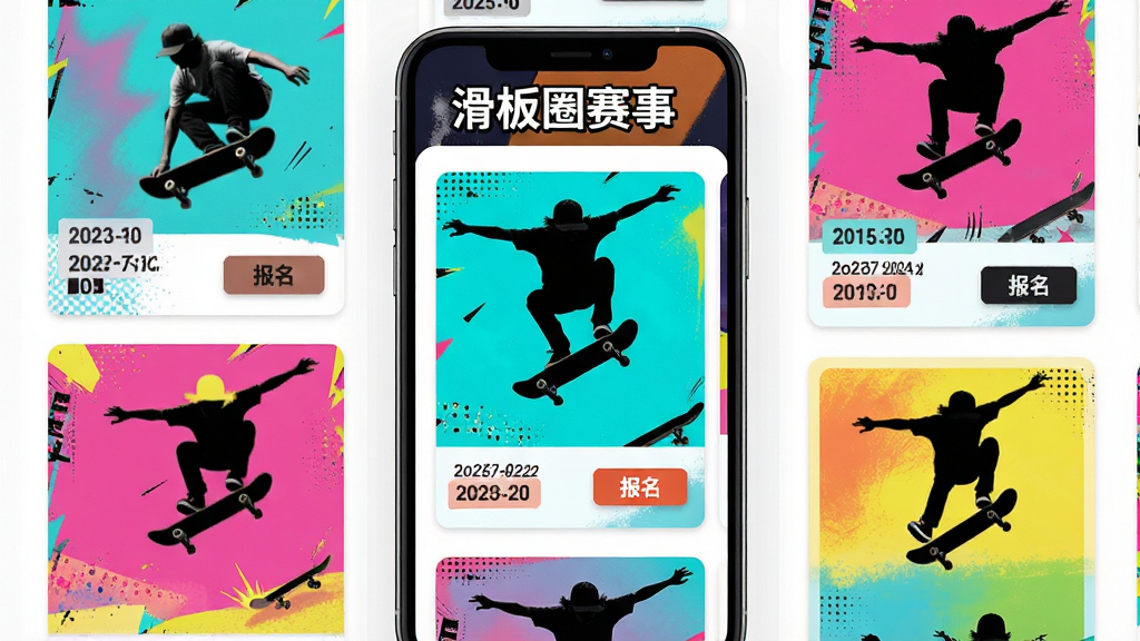 主体:滑板圈App赛事活动列表界面,显示多场滑板比赛海报;布局:手机竖屏,卡片式列表;排版:顶部有