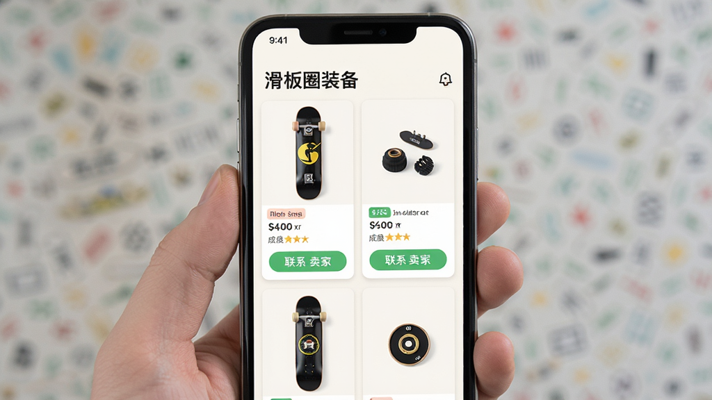 主体:手机屏幕显示滑板圈App二手交易界面,展示滑板整板和配件商品;布局:手机居中,商品网格排列;排版:顶部有