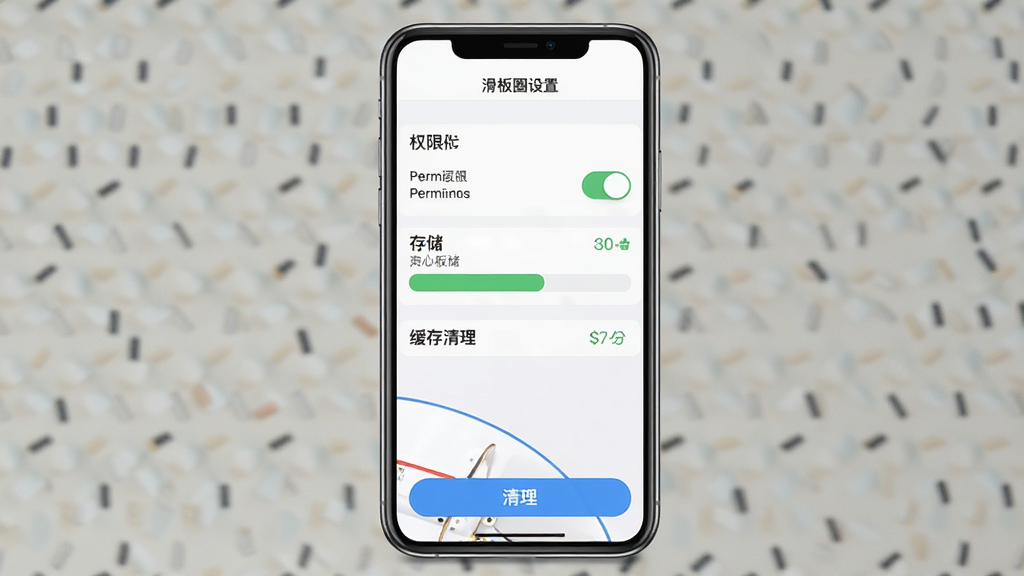 主体:手机屏幕显示滑板圈App设置界面,包含权限管理和缓存清理选项;布局:手机竖屏居中,界面清晰;排版:顶部有