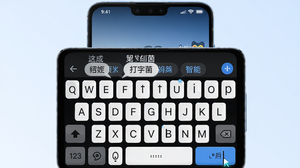 TypeAll打字菌软件主界面展示,主体为一部安卓手机屏幕,屏幕中显示简洁的输入法键盘与智能联想词条,布局为手机正面居中放置,背景为淡蓝色渐变,风格为现代科技简约风,细节包含键盘按键高光、联想词气泡、光标闪烁效果,画质高清,画面干净,无多余元素