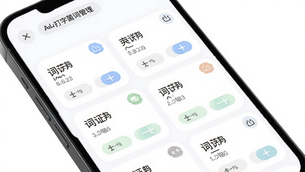 TypeAll打字菌词库管理界面,主体为手机屏幕展示多个词库分组卡片,布局为网格状排列,风格为柔和圆角卡片设计,细节包含词库名称标签、词汇数量角标、导入导出按钮,画质高清,画面干净,无多余元素