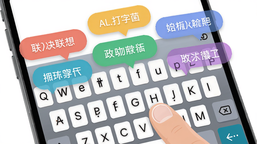 TypeAll打字菌智能联想功能界面,主体为手机输入法键盘上方弹出多个联想词条气泡,布局为手机屏幕特写,风格为扁平化UI设计,细节包含彩色词条气泡、手指点击动作、键盘按键,画质高清,画面干净,无多余元素