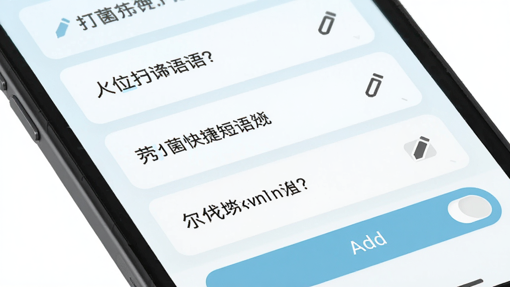 TypeAll打字菌快捷短语设置页面,主体为手机屏幕显示短语列表和添加按钮,布局为垂直列表排列,风格为清新浅色系UI,细节包含短语卡片、编辑图标、添加按钮、开关控件,画质高清,画面干净,无多余元素