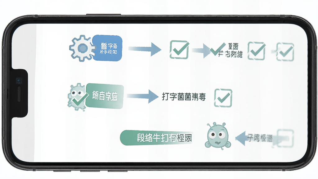 TypeAll打字菌新手设置引导流程图,主体为手机屏幕展示设置步骤截图,布局为从上到下的步骤流程,风格为扁平化信息图,细节包含设置图标、勾选框、箭头指引、文字标注,画质高清,画面干净,无多余元素