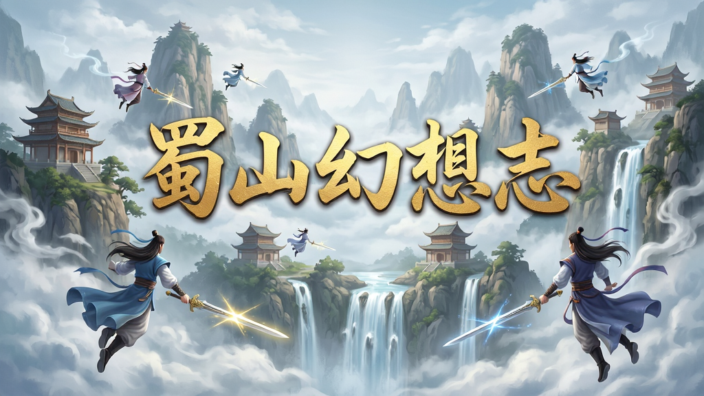 一幅唯美的仙侠风格游戏场景插画,主体为云雾缭绕的蜀山群峰,山间有古风楼阁与飞瀑流泉,几位身着汉服仙袍的修士御剑飞行于云端,画面中央以金色毛笔字体书写“蜀山幻想志”五个大字,布局采用远景群山与近景人物结合,排版居中大气,风格为国风玄幻CG插画,细节包含飘动的衣袂、闪烁的剑光、缭绕的仙气,画质高清,画面干净,无多余元素