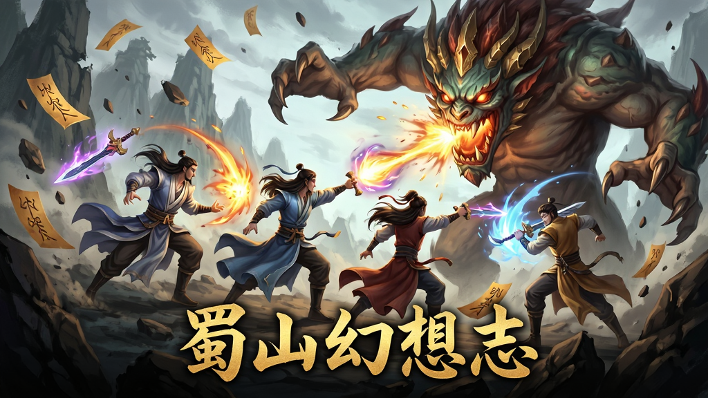 一幅仙侠多人组队战斗场景插画,主体为四位修士合力对抗一只巨大的上古妖兽,布局采用斜角构图展现战斗张力,排版底部以金色字体写“蜀山幻想志”,风格为热血国风玄幻,细节包含绚丽技能光效、飞舞的符、破碎的山石,画质高清,画面干净,无多余元素