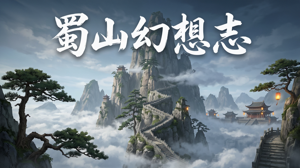 一幅国风仙侠游戏场景概念图,主体为蜀山主峰全景,布局采用仰视视角突出山势巍峨,排版上方留白处用白色毛笔字写“蜀山幻想志”,风格为唯美国风CG,细节包含云海翻涌、古松盘崖、石阶蜿蜒、远处宫灯闪烁,画质超清,画面干净,无多余元素
