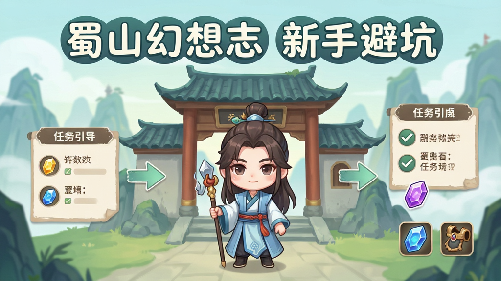 一幅仙侠游戏新手引导界面示意图,主体为一位Q版修士站在蜀山山门前,布局采用居中构图,排版上方用圆润字体写“蜀山幻想志 新手避坑”,风格为清新国风教学插画,细节包含指示箭头、任务列表图标、灵石与装备小图标,画质清晰,画面干净,无多余元素