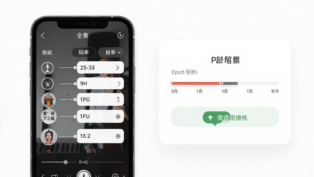 一张展示全奏视频导出设置界面的图片,画面中手机屏幕显示分辨率、帧率、码率等参数选项,旁边有导出进度条和完成提示,背景为纯白色卡片式布局,风格简约,细节清晰,画质干净,无多余元素