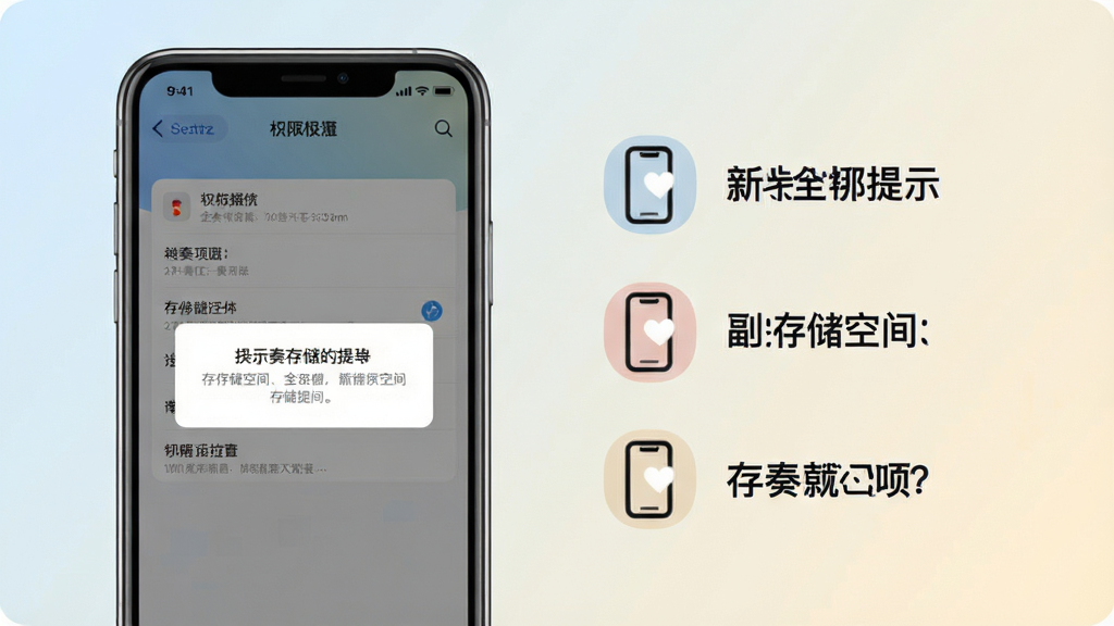 一张展示全奏新手操作提示的图片,画面中手机屏幕显示权限设置界面和存储空间提示弹窗,旁边有简洁的图标说明,背景为浅色柔和渐变,风格友好,细节清晰,画质干净,无多余元素