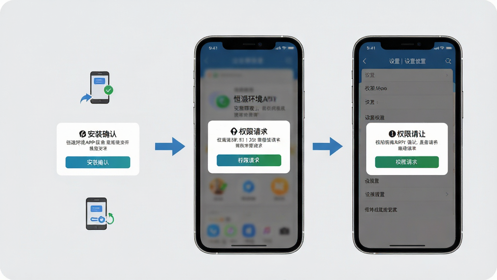 һ��չʾ���ɻ���APP��װ��Ȩ�����ò����ʾ��ͼ����������Ϊ�ֻ���Ļ������ʾ��װȷ�ϵ�����Ȩ������Ի�������ò˵����ֻ���Χ�м�ͷ��������˳�򣬱���Ϊǳ��ɫ���������ֻ����У�����ͼ���������У������̷̳磬ϸ���ϵ������ֺͰ�ť���������ʸ��壬�ɾ��޶���Ԫ�ء�