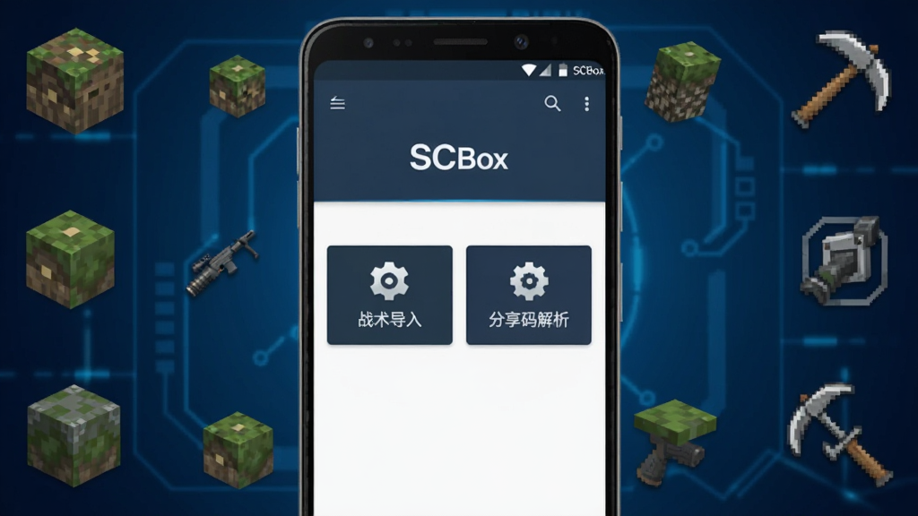 һ��չʾSCBox�����������Ԥ��ͼ�������������һ����׿�ֻ����ֻ���Ļ����ʾSCBoxӦ�õ���ҳ���棬�������ģ�������ս�����롢����������ȹ��ܰ�ť������Ϊ�Ƽ���ʮ�������ɫ���䣬��Χ����������ս����Ϸ�еķ���Ԫ�غ͹���ͼ�꣬���������ִ������������ɾ����޶���װ��Ԫ��