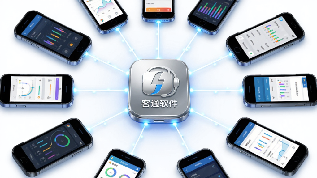 画面主体为多个手机图标通过线条连接形成网络状结构,中心位置放置一个银客通软件的标志性图标,周围手机屏幕中显示着不同的数据面板。布局为放射状构图,中心突出。整体排版具有科技感,风格为数据可视化风格。细节上连接线条带有微光效果,图标色彩鲜明。画质高清,画面干净,无多余元素。