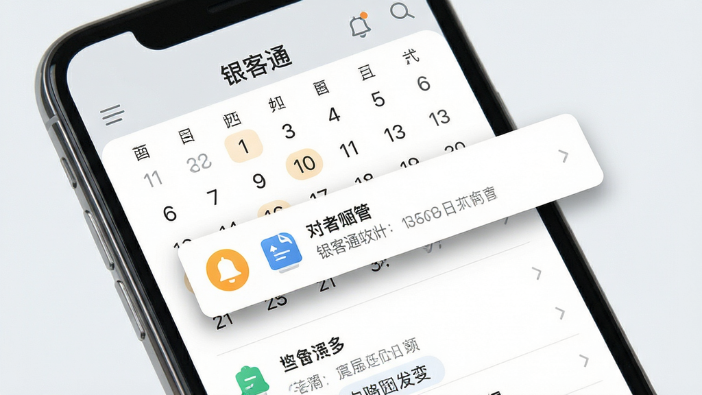 画面主体为一部手机屏幕特写,屏幕中展示着银客通软件的日程提醒界面,界面中有日历视图与待办事项列表,旁边悬浮着一个铃铛图标和一条通知横幅。布局为居中构图,手机略微倾斜。整体排版简洁明了,风格为现代扁平化设计风。细节上通知横幅有轻微阴影效果,日历格子线条细腻。画质高清,画面干净,无多余元素。