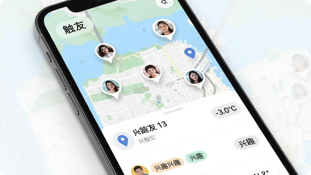 一张展示“触友”附近匹配功能的界面图,画面中手机屏幕显示地图上分布着多个用户头像标记,下方列表展示距离和兴趣标签,布局清晰有层次,风格现代简洁,细节包括定位图标、距离数值、兴趣小标签,画质清晰干净无多余元素