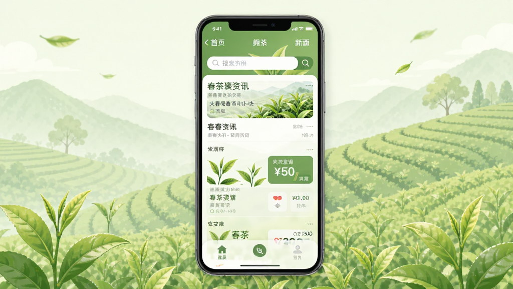 拥春应用主界面展示,画面中央是手机屏幕,屏幕内显示春茶主题的资讯列表与价格查询卡片,背景为淡绿色茶园插画,风格清新自然,细节包含茶叶图标、搜索栏与导航按钮,画质清晰干净,无多余元素