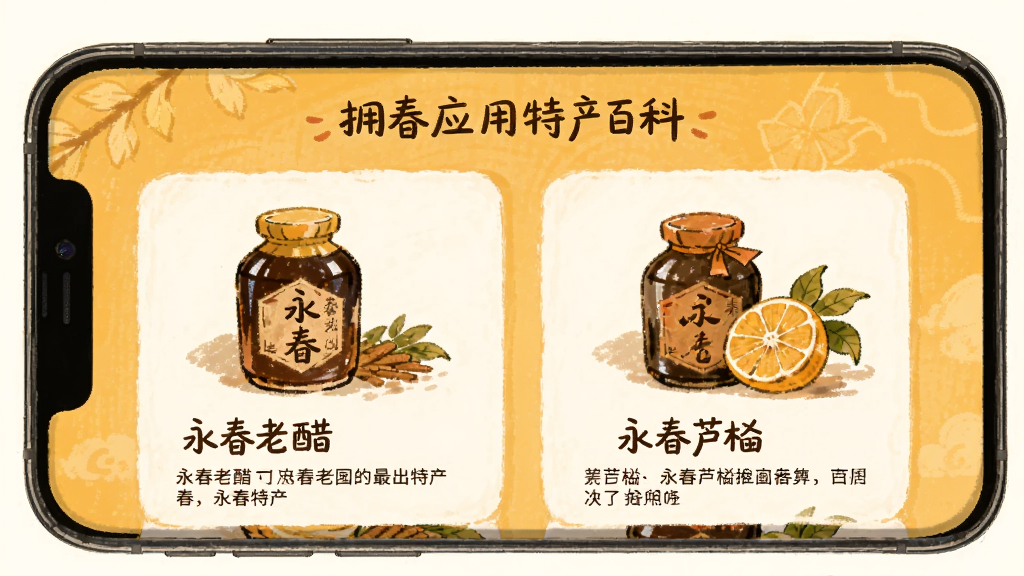 拥春应用特产百科页面,手机屏幕展示永春老醋与永春芦柑的知识卡片,卡片上有产品插画与文字说明,背景为暖黄色调,风格温馨手绘,画质清晰干净,无多余元素