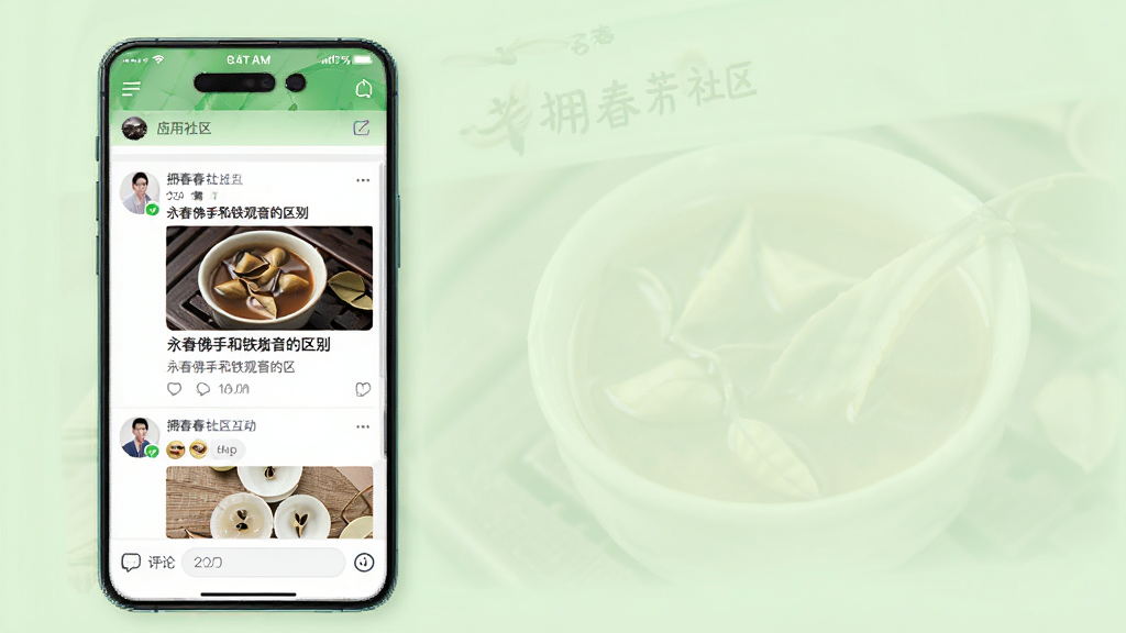 拥春应用社区互动界面,手机屏幕显示用户发帖列表与评论输入框,帖子内容包含茶汤照片与文字“永春佛手和铁观音的区别”,背景为淡绿色,风格社交应用常见布局,画质清晰干净,无多余元素