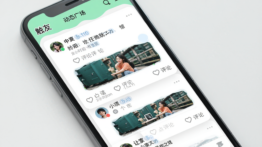 一张“触友”动态广场界面的图片,画面中手机屏幕显示多条用户动态卡片,包含头像、文字内容、配图和点赞评论按钮,布局采用瀑布流形式,风格活泼清新,细节包括点赞图标、评论数量、发布时间,画质清晰干净无多余元素