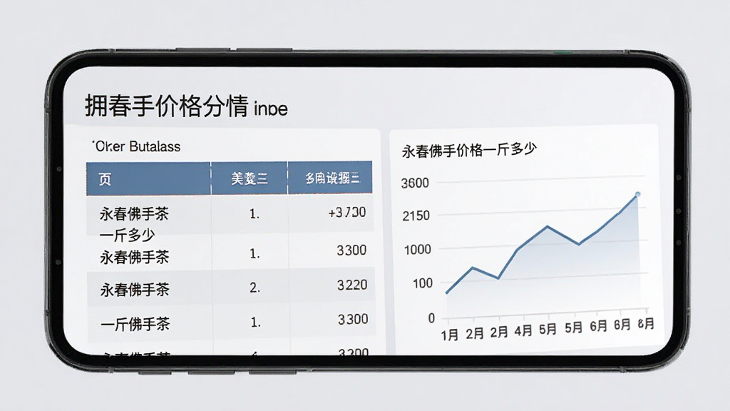 拥春应用价格行情页面,手机屏幕显示永春佛手茶价格对比表格与趋势折线图,表格中文字“永春佛手价格一斤多少”清晰可见,背景为浅灰色,风格商务简洁,画质干净,无多余元素