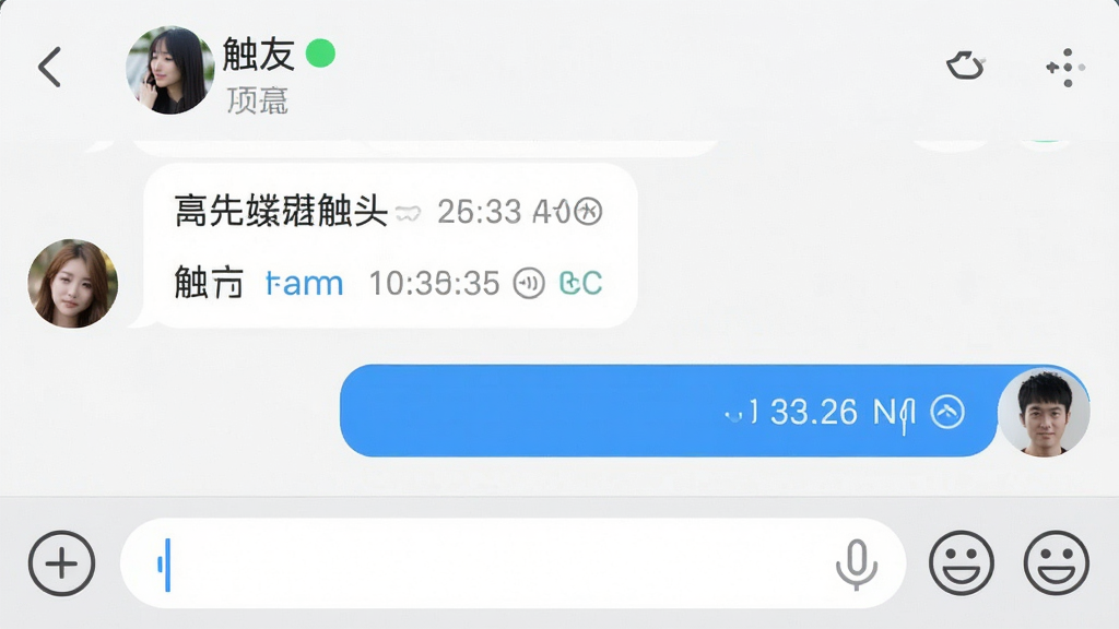 一张“触友”聊天界面的手机截图,画面展示两人对话气泡,左侧为对方消息右侧为自己消息,底部有输入框和表情按钮,顶部显示对方昵称和在线状态,布局整齐,风格清爽友好,细节包括时间戳、已读标记、语音条,画质清晰干净无多余元素