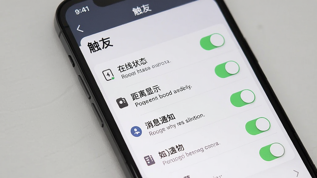 一张“触友”隐私设置页面的图片,画面中手机屏幕显示多个设置开关和选项列表,包括在线状态、距离显示、消息通知等,布局清晰分类明确,风格简约沉稳,细节包括开关按钮、说明文字、图标,画质清晰干净无多余元素