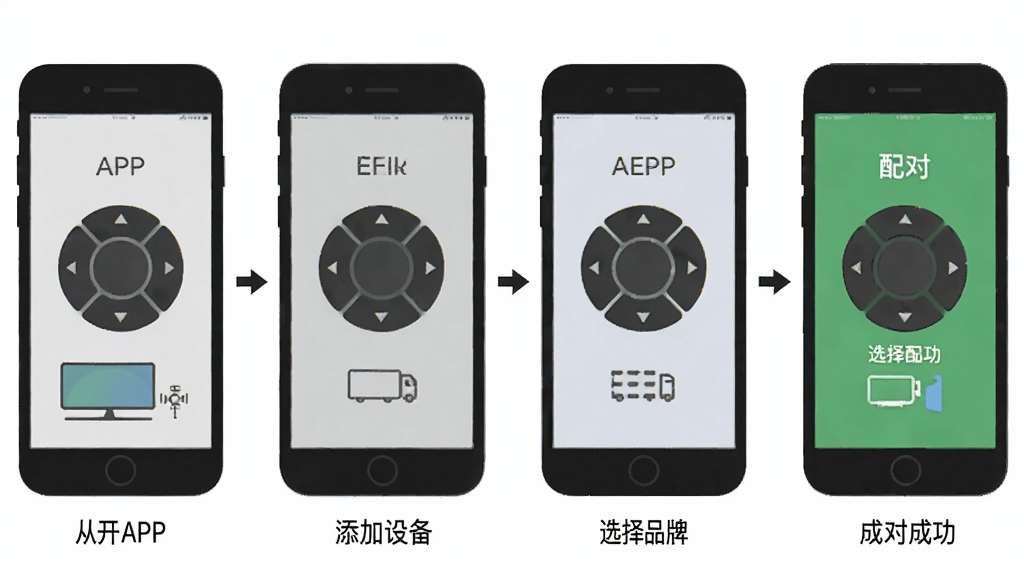万能遥控器极简软件的操作流程图,展示从打开APP到添加设备、选择品牌、配对成功的四个步骤,每个步骤用手机屏幕示意图表示,背景为白色,风格扁平化,画质清晰,无多余文字