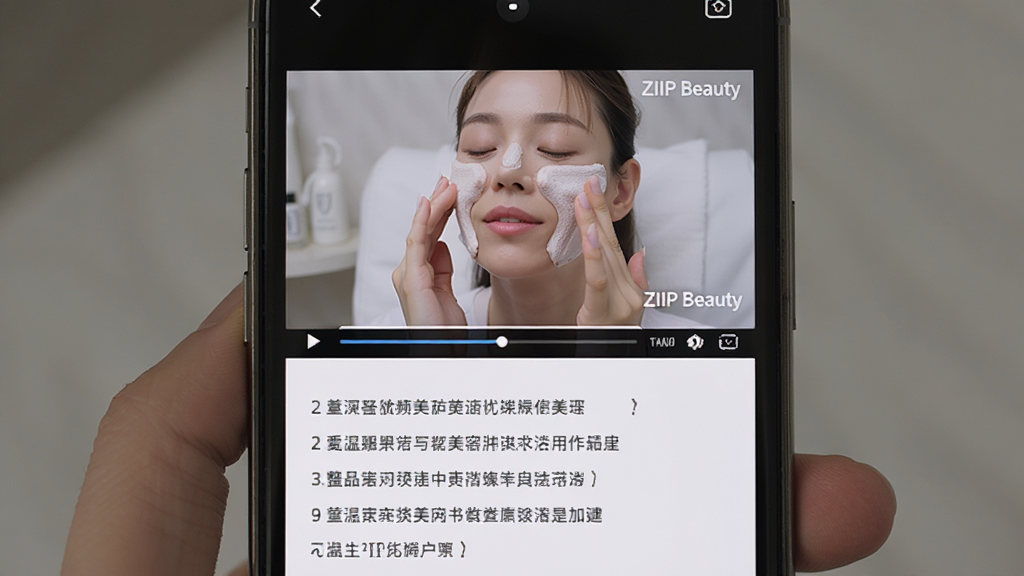 主体为手机屏幕播放美容仪操作视频教程,布局采用画中画形式,排版上方为视频画面下方为步骤文字,风格为真实生活场景,细节包含女性面部护理动作、进度条、