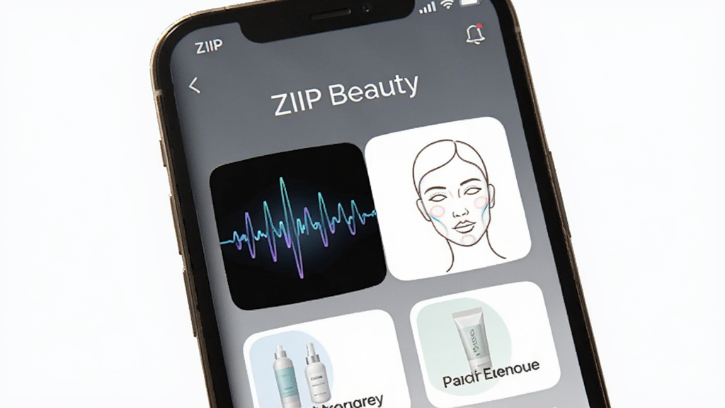 主体为一部智能手机屏幕显示 ZIIP Beauty 应用程序界面,布局采用居中构图,排版上方为软件名称