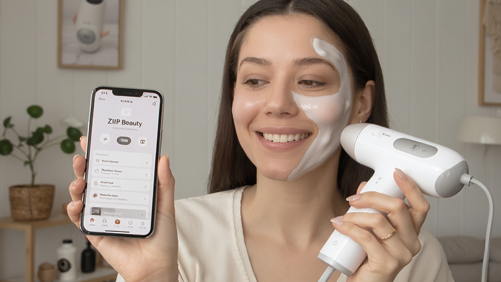 主体为女性用户手持手机操作 ZIIP Beauty 应用并配合美容仪护理面部,布局采用半身近景,排版人物居中手机与美容仪清晰可见,风格为清新生活照,细节包含微笑表情、居家环境、