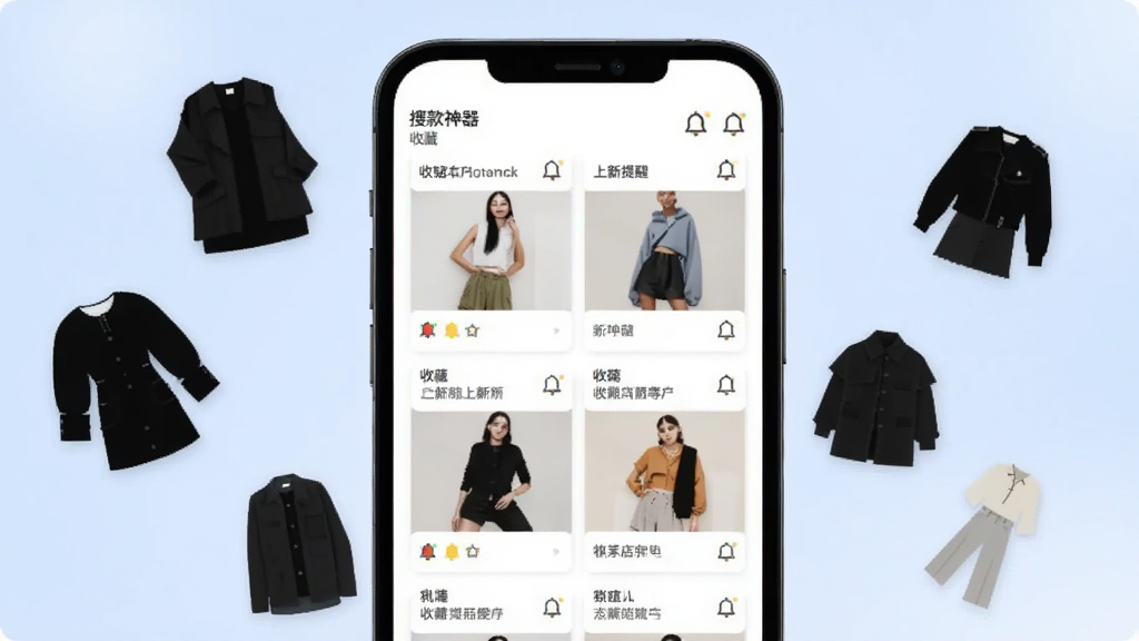 搜款神器店铺收藏页面截图,页面中展示多个已收藏的档口卡片,每个卡片上方有店铺名称和上新提醒的小铃铛图标,手机屏幕外漂浮着几件不同款式的服装剪影,背景为柔和的浅蓝色渐变,扁平化设计风格,画面简洁清爽,高清晰度。