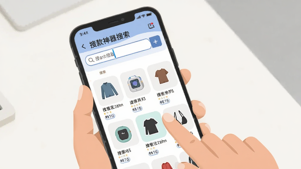 一部手机屏幕显示搜款神器搜索页面,搜索框中有光标闪烁,下方展示搜索结果商品网格,手机旁边有一只手正在点击屏幕,背景为简洁的浅色桌面,扁平化插画风格,画面干净无杂物,高清画质。