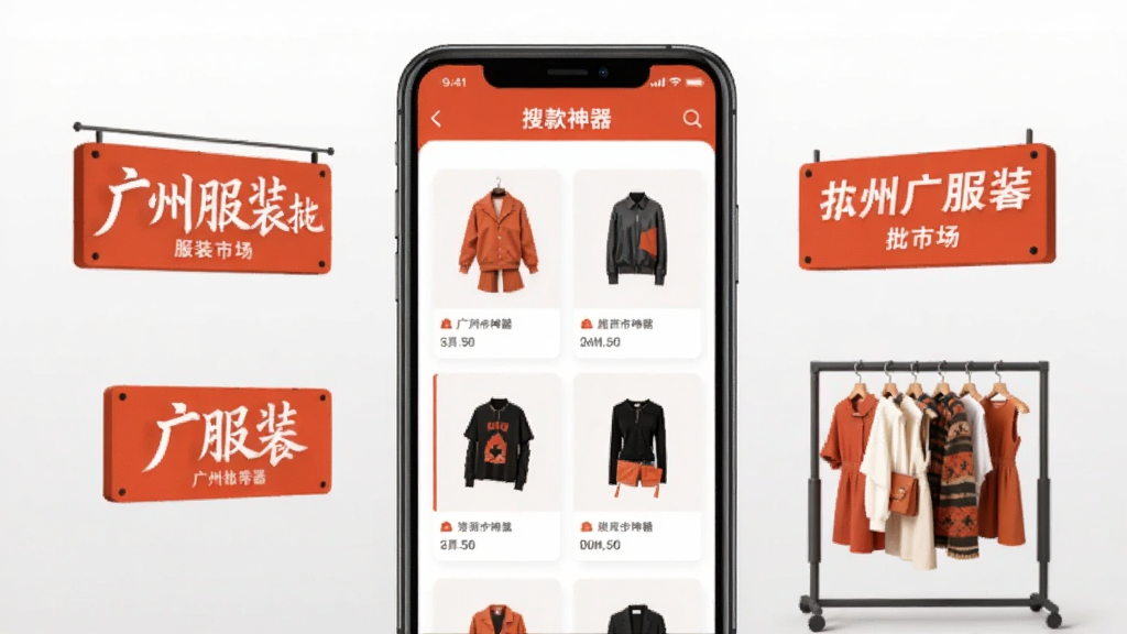 画面中央一部智能手机竖屏展示搜款神器应用主界面,界面中排列着整齐的服装商品缩略图卡片,手机两侧漂浮着广州服装批发市场档口招牌与服装挂架的简化图形,背景为浅灰白色渐变,整体采用扁平化UI风格,色彩以橙红与白色为主,画面干净整洁,无多余装饰元素,高清画质,产品展示风格。