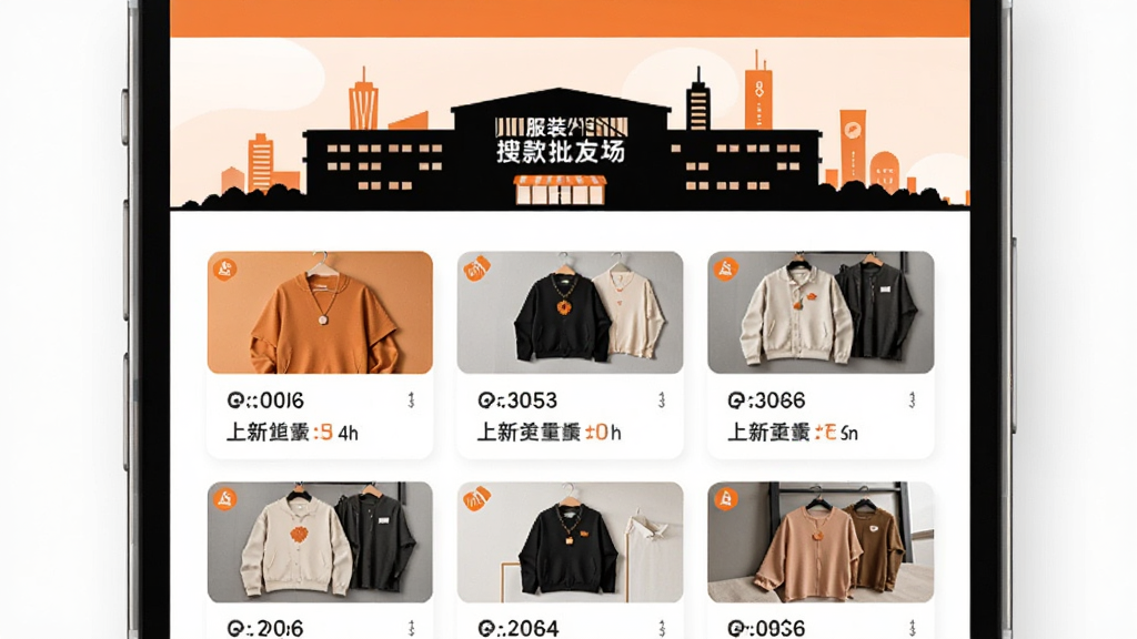 手机屏幕中展示搜款神器档口列表页面,屏幕上方显示广州服装批发市场建筑剪影,下方整齐排列着带有商品缩略图的档口卡片,卡片上标注着档口编号与上新数量,整体风格为现代扁平化设计,主色调为橙色和白色,画面干净明亮,无杂乱元素,高分辨率渲染。