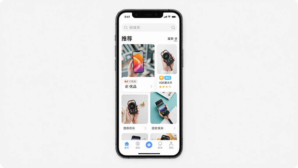 iE优品手机应用界面展示,主体为一部智能手机,屏幕上显示iE优品APP首页,布局包含顶部搜索栏、中部商品推荐瀑布流、底部导航栏,排版清晰整洁,风格现代简约,细节上商品图片色彩鲜明、文字标签清晰可见,画质高清,干净无多余元素