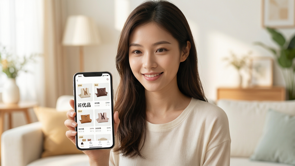 iE优品品质购物场景,主体为一位年轻女性手持手机浏览iE优品APP商品列表,布局为人物居中、手机屏幕内容清晰可见,排版上背景为明亮温馨的居家环境,风格清新自然,细节上商品图片精致、界面文字“iE优品”醒目,画质高清,干净无多余元素