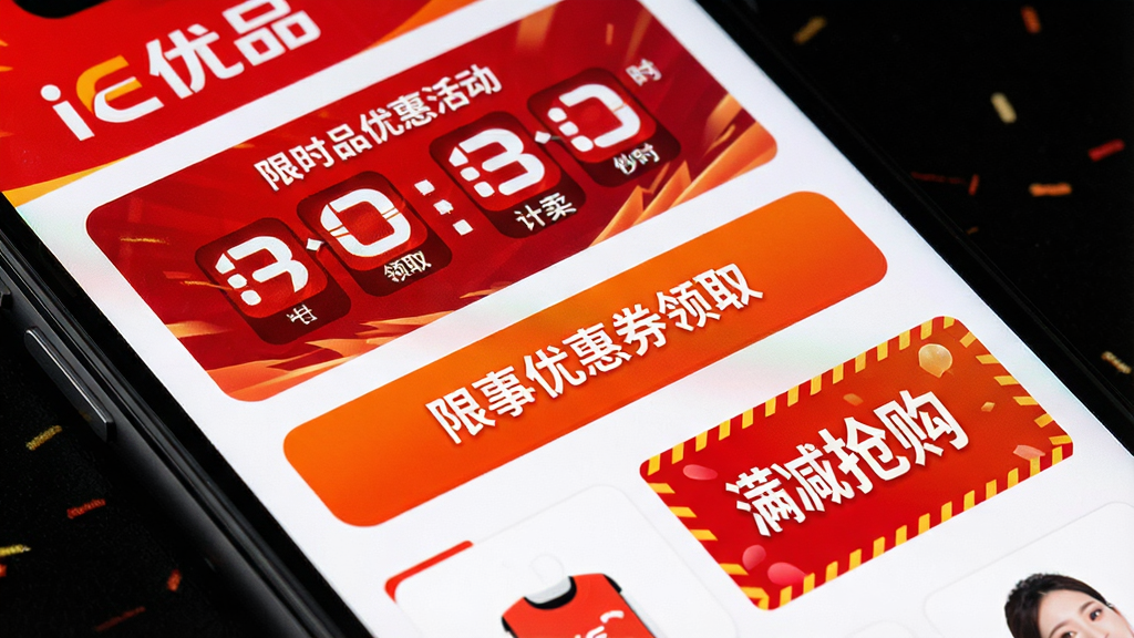 iE优品优惠活动页面展示,主体为手机屏幕特写,布局上显示限时秒杀倒计时、优惠券领取按钮、满减活动横幅,排版紧凑有序,风格促销感强但不过度花哨,细节上红色与橙色为主色调、文字“iE优品”与“限时抢购”清晰可见,画质高清,干净无多余元素