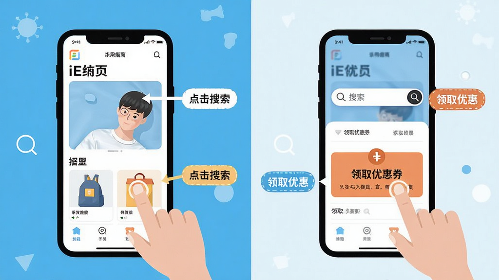 iE优品新手使用指南示意图,主体为手机屏幕与操作手势结合,布局上左侧显示APP首页、右侧显示手指点击搜索框与领取优惠券的动作,排版左右呼应,风格扁平化教学风,细节上标注“点击搜索”“领取优惠”等文字标签,画质高清,干净无多余元素
