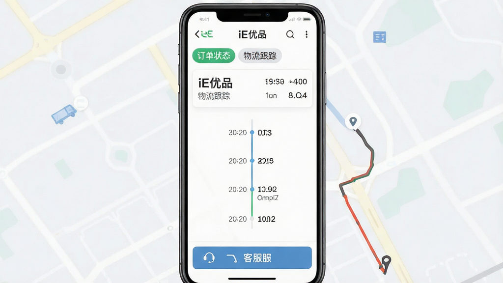 iE优品订单物流跟踪界面,主体为手机屏幕显示订单列表与物流地图轨迹,布局上顶部为订单状态标签、中部为物流时间轴、底部为客服入口,排版清晰直观,风格简洁实用,细节上“iE优品”与“物流跟踪”文字清晰,画质高清,干净无多余元素
