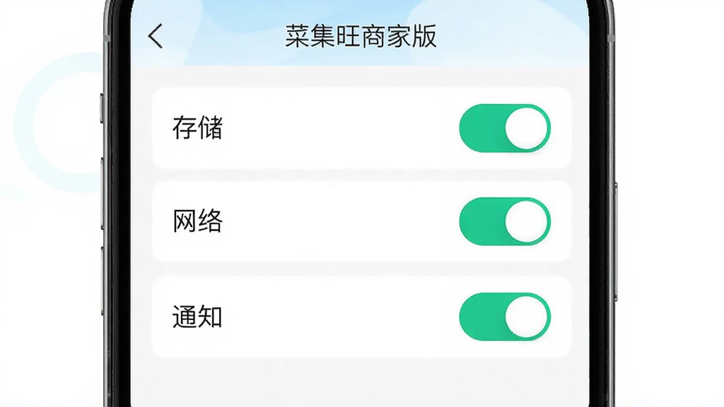 主体为“菜集旺商家版”的权限设置界面,布局在手机屏幕中央,排版展示存储、网络、通知三个权限开关,风格为简洁的列表式设计,细节包含高亮的允许按钮,画质清晰,干净,无多余元素