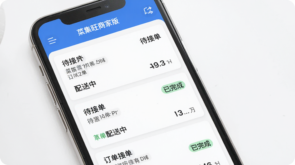 主体为“菜集旺商家版”的订单管理面板,布局在手机屏幕内,排版展示多条订单卡片整齐排列,风格为清爽的商务蓝白配色,细节包含待接单、配送中、已完成的状态标签,画质清晰,干净,无多余元素