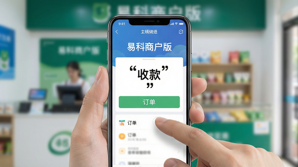 一张展示易科商户版在手机上运行的操作示意图,主体为手持手机展示应用主界面,背景为模糊的店铺场景,布局为手机屏幕占据画面中心,风格为真实使用场景风,细节上手指轻触屏幕,屏幕内文字用引号标注“易科商户版”“收款”“订单”,画质清晰,画面干净,无多余元素