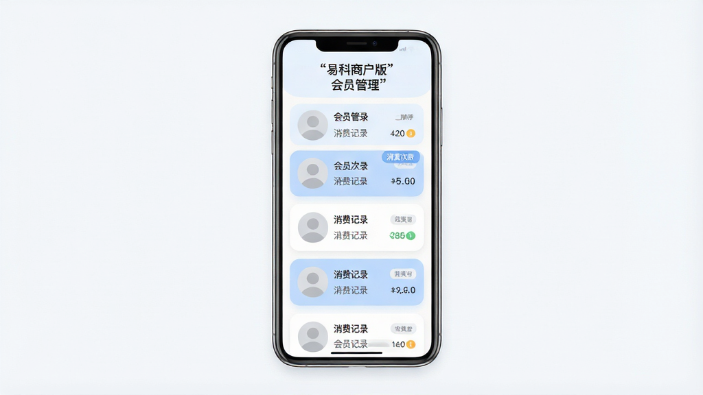 一张表现易科商户版会员管理功能的示意图,主体为手机屏幕展示会员列表与会员详情卡片,卡片上有头像占位图标与消费次数标签,布局为手机居中、卡片纵向排列,风格为柔和圆角卡片风,细节上卡片底色为浅蓝与白色交替,屏幕内文字用引号标注“易科商户版”“会员管理”“消费记录”,画质清晰,画面干净,无多余元素